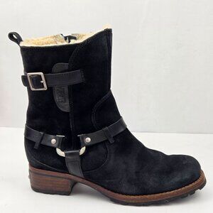 UGG Endell Black Suede Shearling-Lined Moto Boots With Buckle Accents Size 7